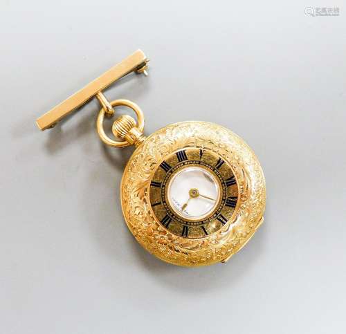 An engraved 18k Omega half hunter fob watch, cased diameter,...