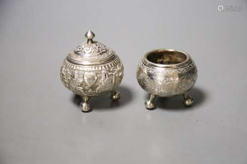 Two small Indian white metal condiments, tallest 57mm.