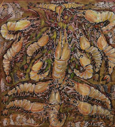 A modern oil on canvas, Prawns, indistinctly signed, 82 x 75...