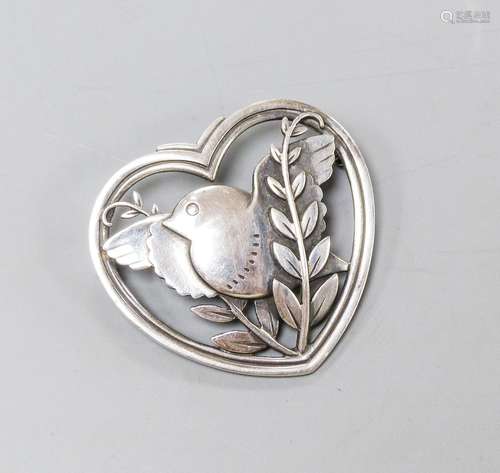 A Georg Jensen sterling robin and frond heart shaped brooch,...