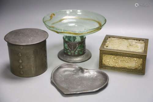 Three Arts & Crafts pewter items and a pierced hardstone box...