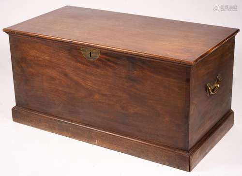 A large 19th century mahogany trunk with brass side handles,...