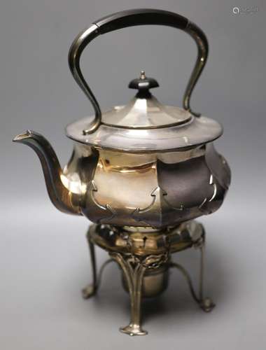 An Edwardian silver tea kettle on stand, with plated burner,...