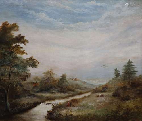 A. Horton, oil on canvas, Landscape with river and distant t...