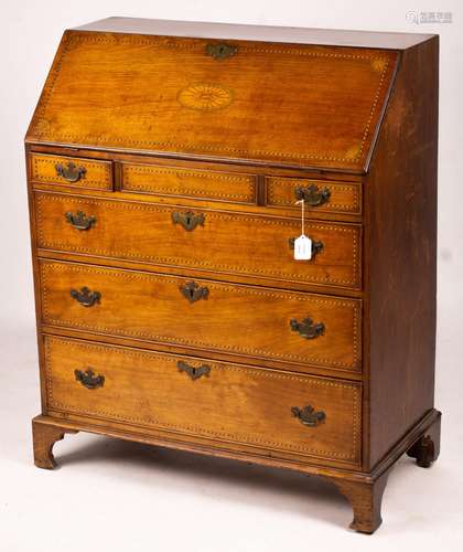 A George III inlaid mahogany bureau, width 88cm, depth 45cm,...