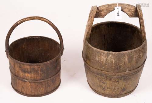 A Chinese staved wood rice carrier together with a circular ...