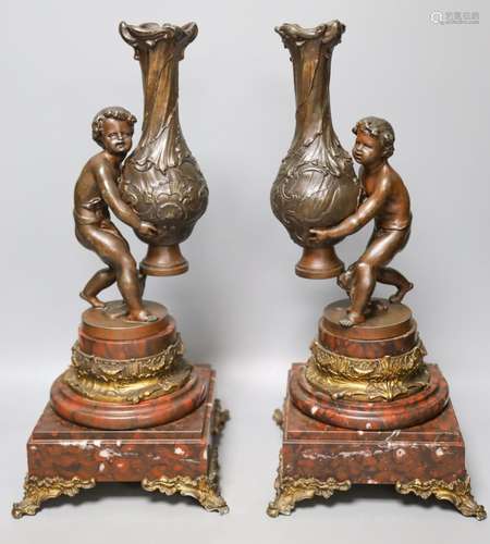 A pair of 19th century patinated spelter and marble figural ...