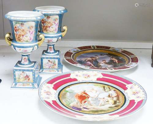 Two Vienna style porcelain chargers, 38cm and a similar pair...