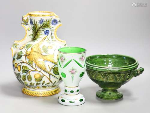 A Cantagalli maiolica vase (a.f.), a Bohemian vase and a gre...