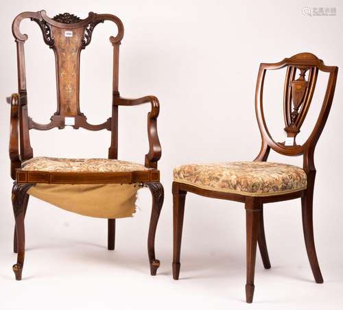 An Edwardian marquetry inlaid elbow chair (AF) and a side ch...