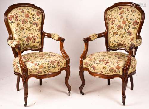 A pair of French mahogany framed open armchairs, width 60cm,...