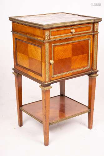 An early 20th century French marble top mahogany bedside cab...