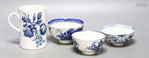 A Worcester mug and two bowls and a Lowestoft bowl, c.1770-8...