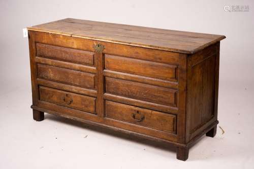 An 18th century oak mule chest, length 150cm, depth 56cm, he...