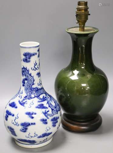 A Chinese blue and white dragon vase vase and Chinese green ...