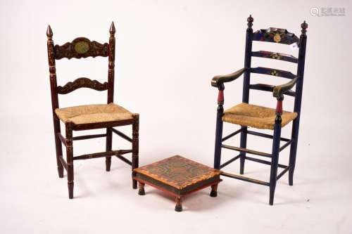 Two 19th / early 20th century Swiss painted rush seat chairs...
