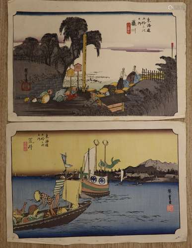 Hiroshige, two woodblock prints, Coastal scenes, 26 x 38cm o...