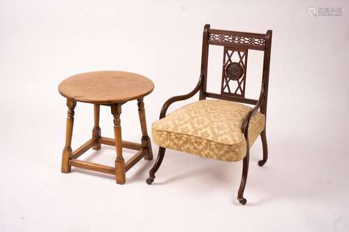 A Victorian salon chair, a Victorian side chair, square oak ...