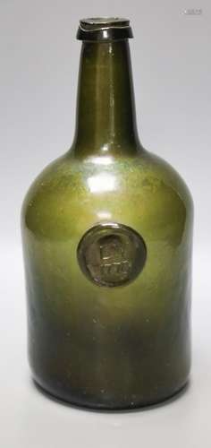 A George III green glass sealed wine bottle, dated 177826cm