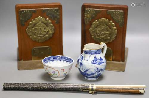 Chinese knife and two bone chopstick in bone inlaid shagreen...