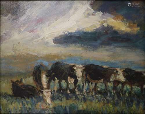 George Manchester (1922-1996), oil on card, cattle grazing, ...