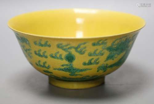 A Chinese yellow ground sgraffito’dragon’ bowl, Kangxi mark ...