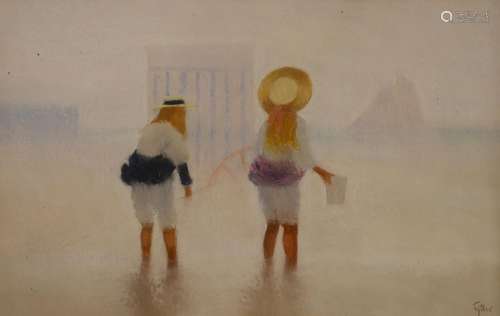 Modern British, pastel, girls on the seashore, signed Tyther...