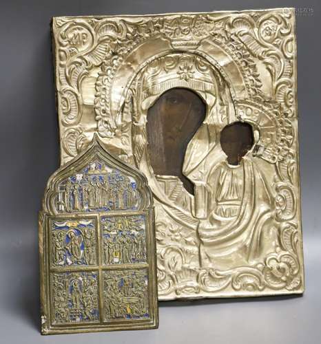 A Russian base metal oklad icon and a similar enamelled bron...