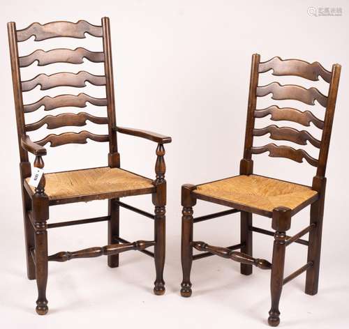 A set of ten 18th century style beech ladderback rush seat d...