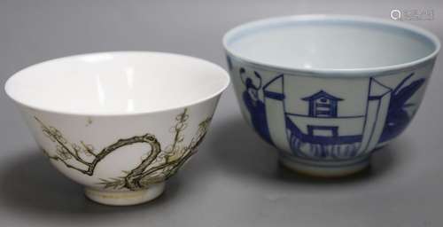 A Chinese blue and white figural bowl and another prunus dec...