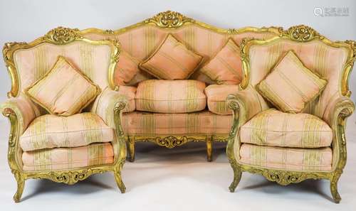 A Louis XV style carved gilt wood five piece suite, consisti...