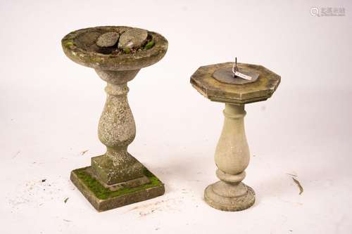 A reconstituted stone baluster pillar sundial and bird bath,...