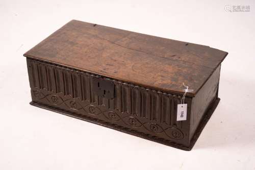 A 17th century rectangular carved oak bible box, W.74cm D.40...