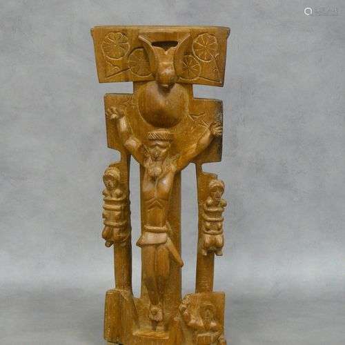 une sculpture bois représentant le Golgotha - H 42 cm