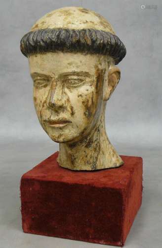 tête de moine : statuette en bois sculpté polychrome, début ...