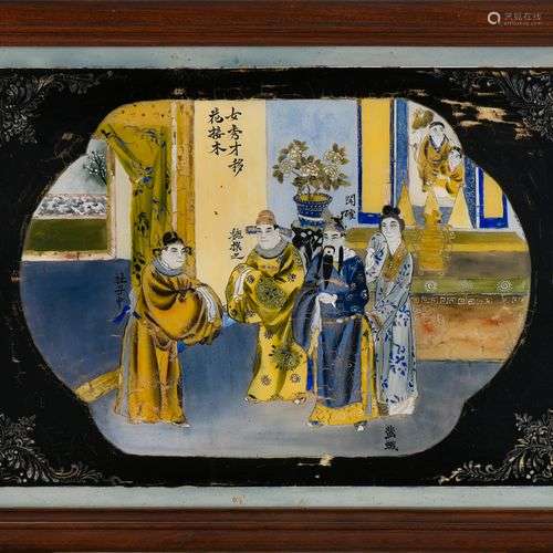CHINE - XIXe siècle Scène de cour représentant trois hauts d...