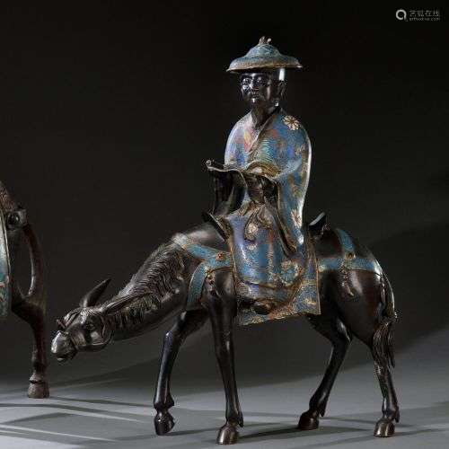 CHINE - XIXe siècle Toba sur sa mule Groupe en bronze à pati...