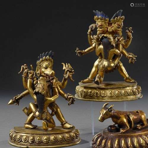 TIBET - XVIIIe siècle Garuda bicéphale et sa Sati, et une au...
