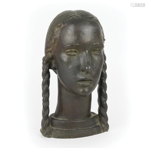 A patinated bronze head of a girl with braids, '40s
