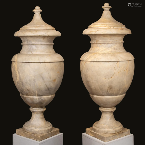 A pair of rosso rubino marble large vases and cover