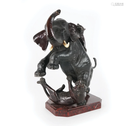 An oriental patinated bronze group