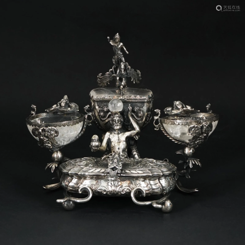 A stunning German silver and rock crystal inkstand