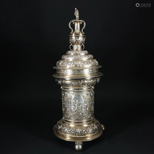 A large German embossed silver host container
