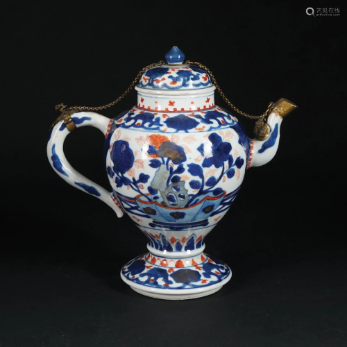 A white, blue and red porcelain coffee pot
