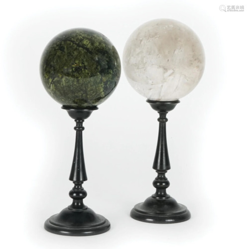 2 marble and rock crystal spheres