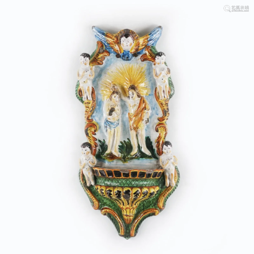 A Central Italy maiolica holy water font, 18th century
