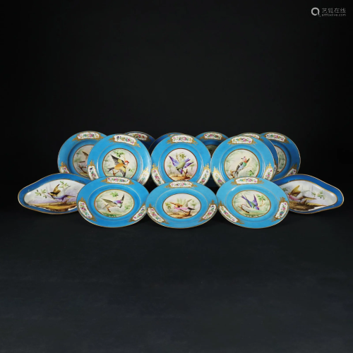 12 French light blue, gilt and polychrome porcelain