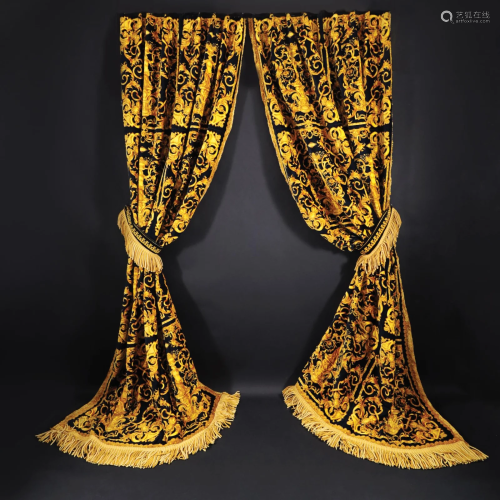 A pair of double face silk and velvet curtains