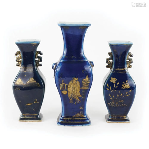 3 Chinese white, blue and gilt porcelain vases
