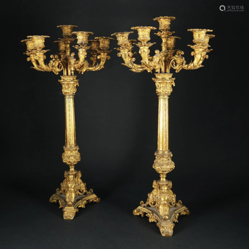 A pair of chiseled gilt bronze seven-light candelabra